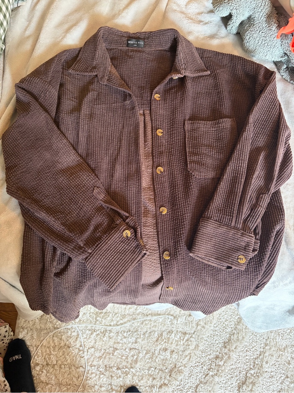 White Fox Boutique Chocolate Brown Waffle Button-Down Shirt